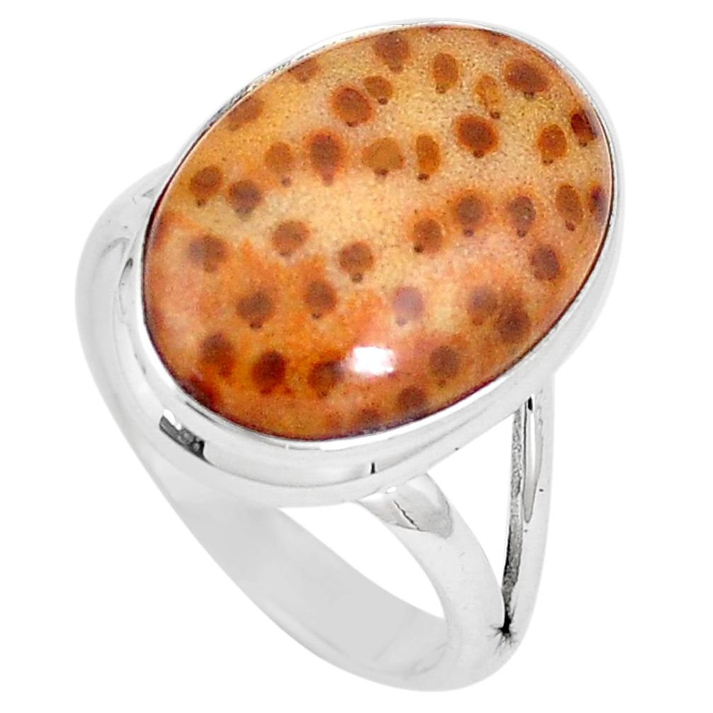 Natural yellow fossil coral petoskey stone silver solitaire ring size 9 p11225