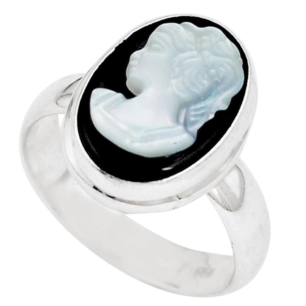 Natural black opal cameo on black onyx 925 silver solitaire ring size 7 p11272