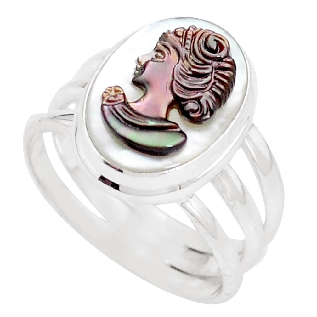 Natural titanium cameo on shell 925 silver solitaire ring size 7.5 p11273