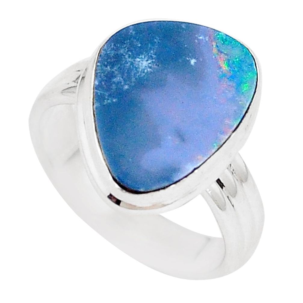 Natural blue doublet opal australian 925 silver solitaire ring size 6.5 p11299