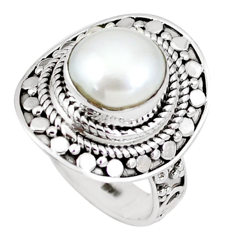 925 sterling silver 5.63cts natural white pearl solitaire ring size 7 p11330