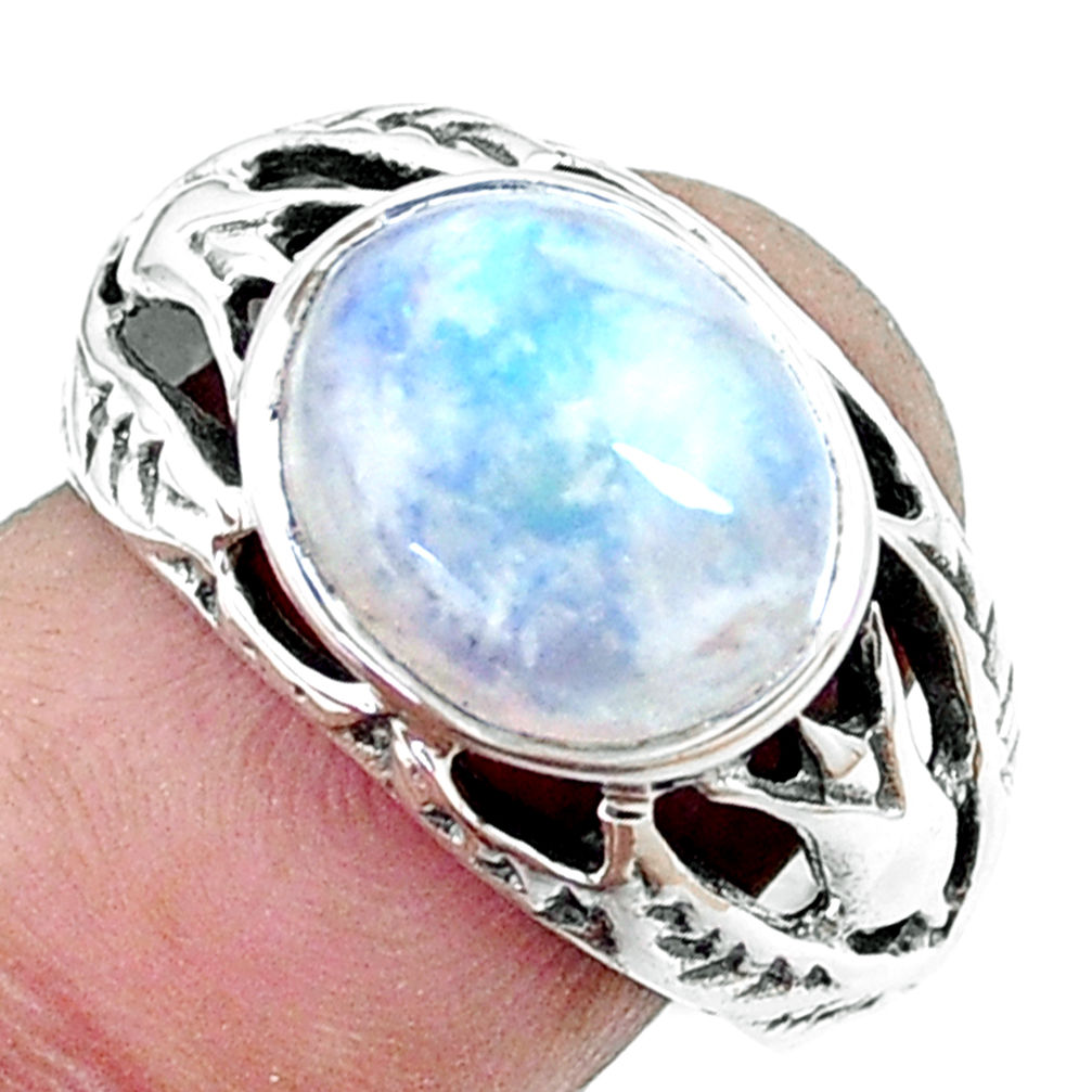 925 silver 4.70cts natural rainbow moonstone oval solitaire ring size 8 p12019