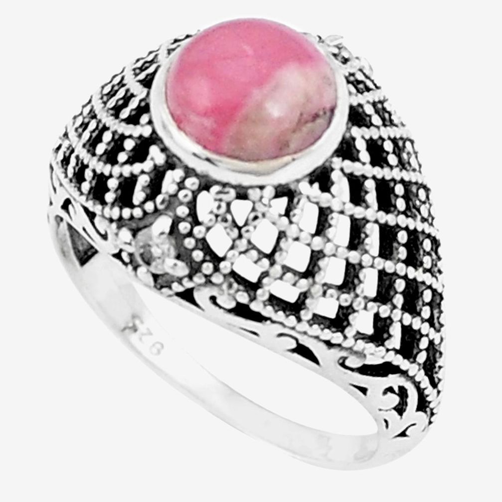 Natural pink rhodochrosite inca rose 925 silver solitaire ring size 6.5 p12150