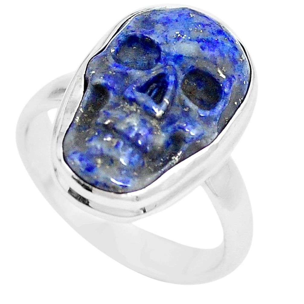 11.57cts natural blue lapis lazuli 925 sterling silver skull ring size 8 p12688