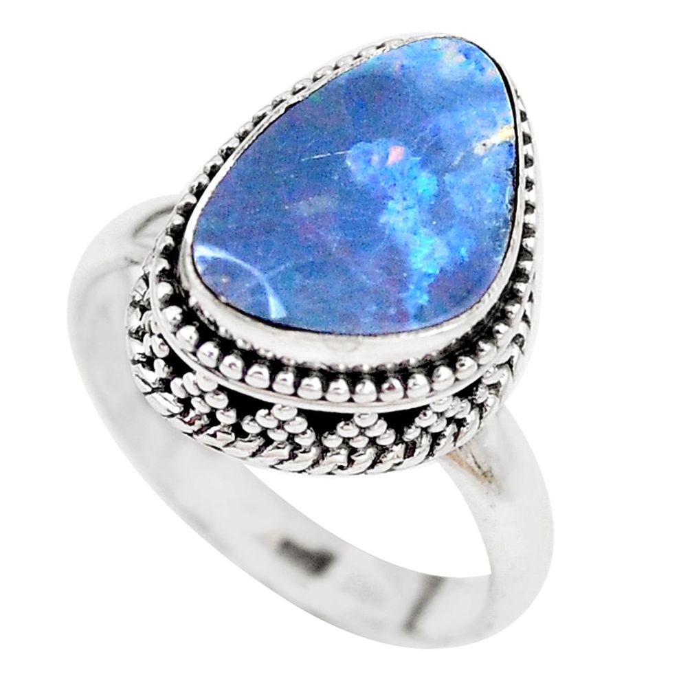 925 silver natural blue doublet opal australian solitaire ring size 6.5 p12880