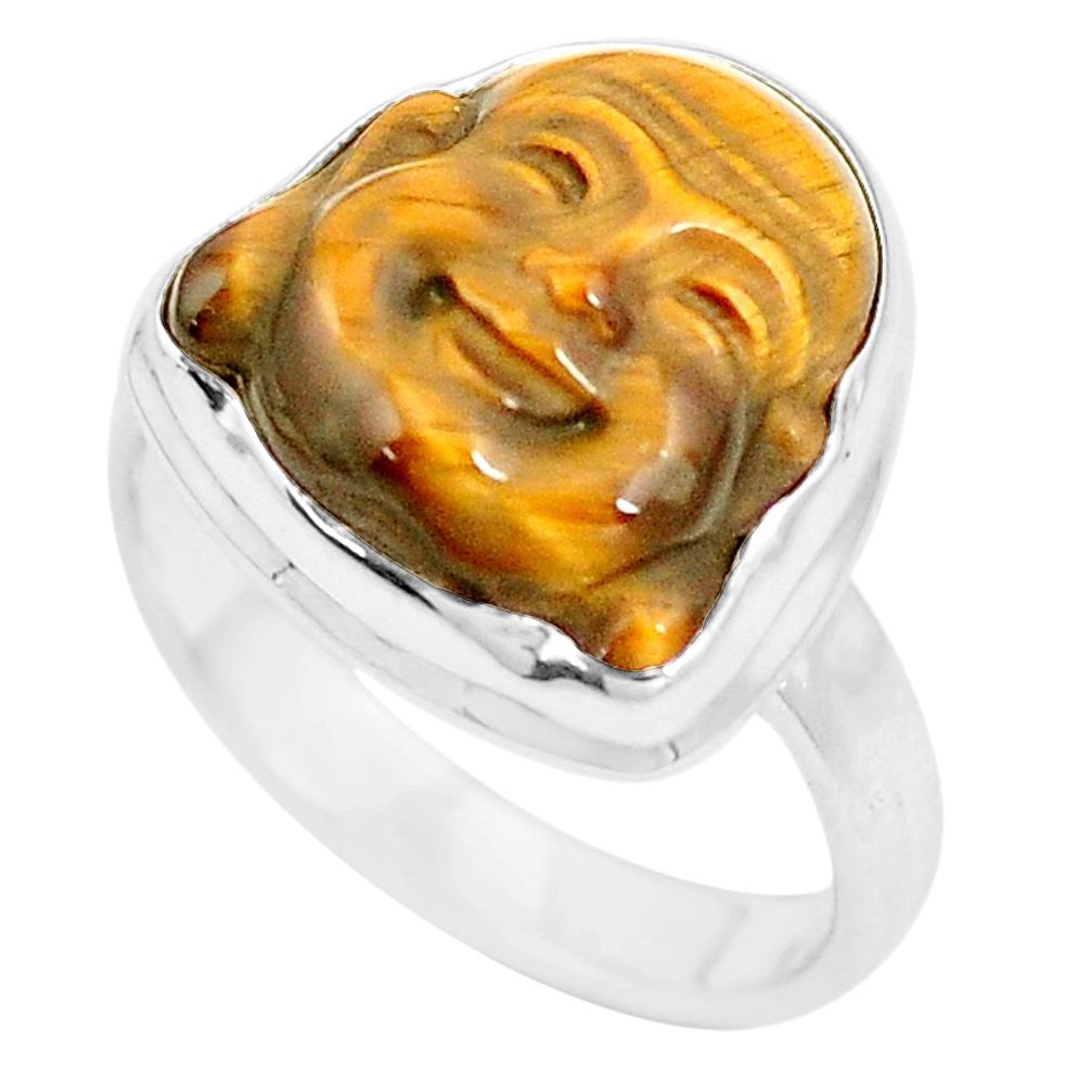 Natural brown tiger's eye 925 silver buddha charm solitaire ring size 6.5 p12904
