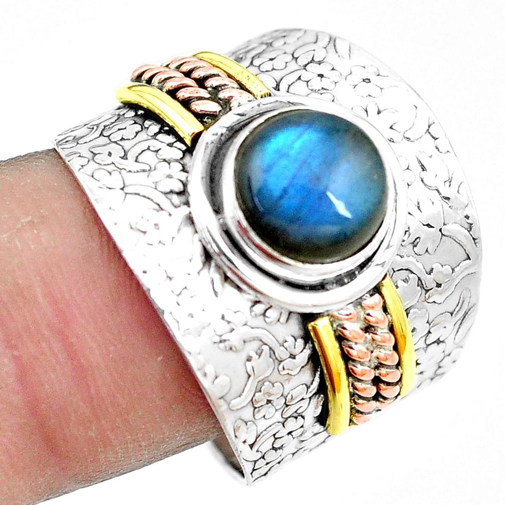 Victorian natural labradorite 925 silver two tone solitaire ring size 9 p13158