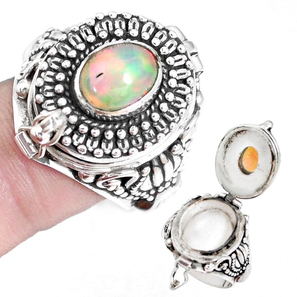 Natural ethiopian opal 925 silver poison box solitaire ring size 8.5 p14938