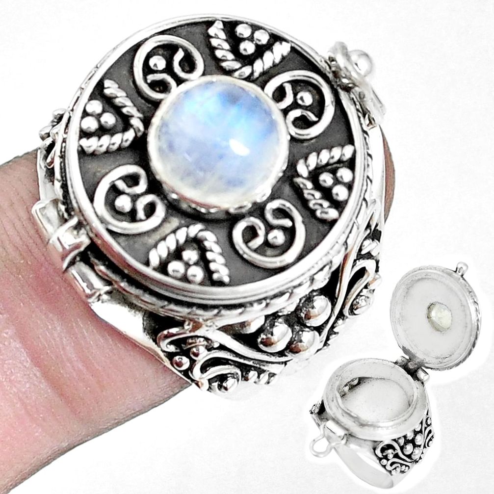 Natural rainbow moonstone 925 silver poison box solitaire ring size 8.5 p14955