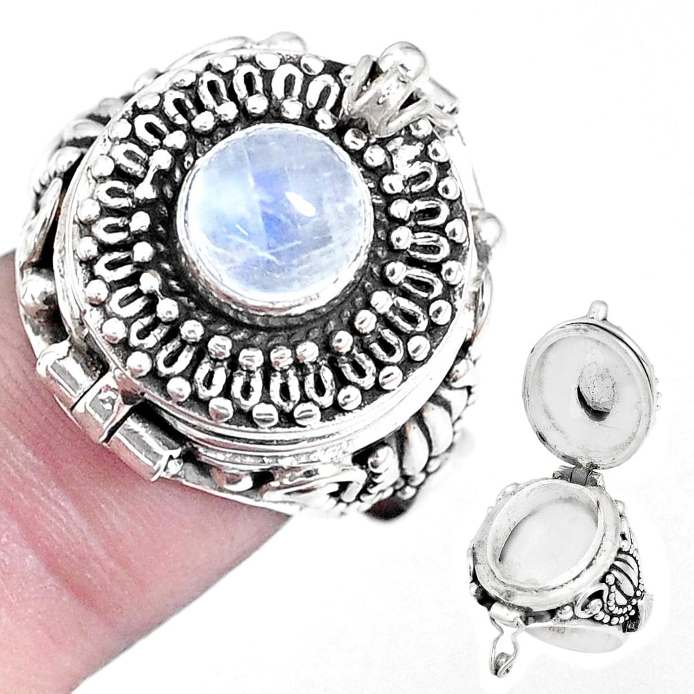 Natural rainbow moonstone 925 silver poison box solitaire ring size 7 p14999