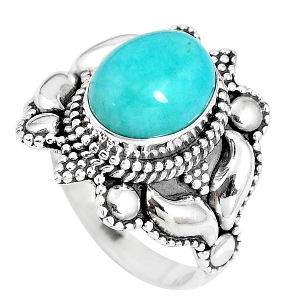 4.21cts natural green peruvian amazonite silver solitaire ring size 6.5 p15413