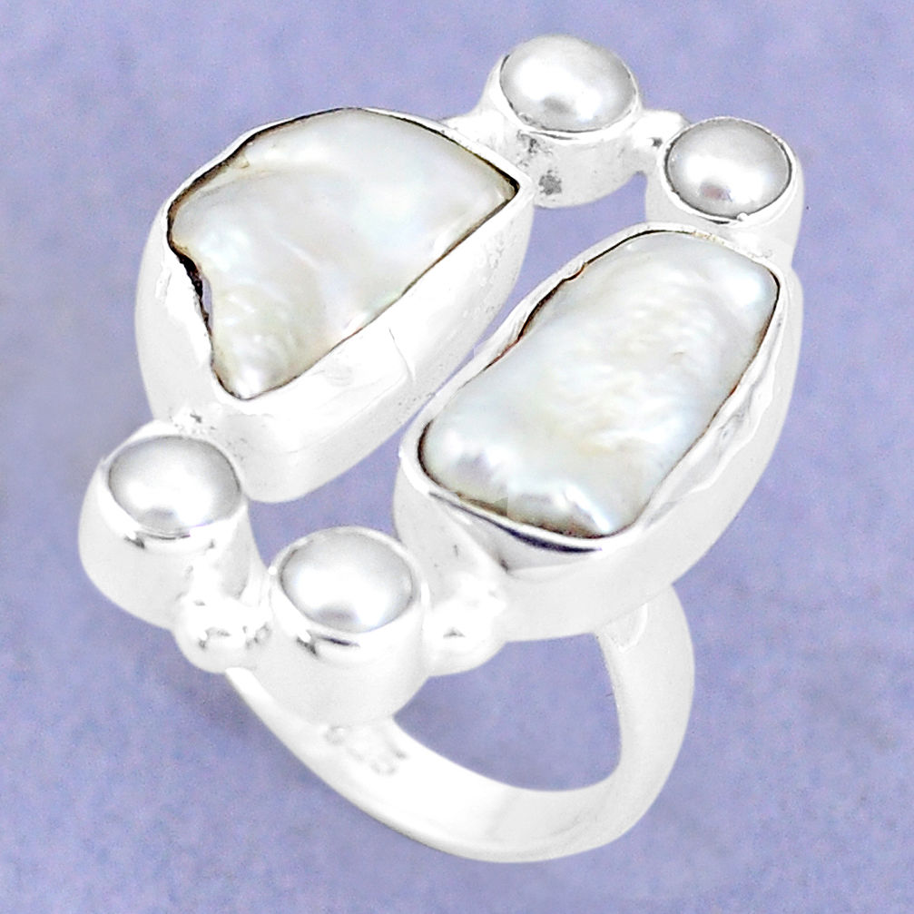 13.07cts natural white biwa pearl pearl 925 sterling silver ring size 7 p15964