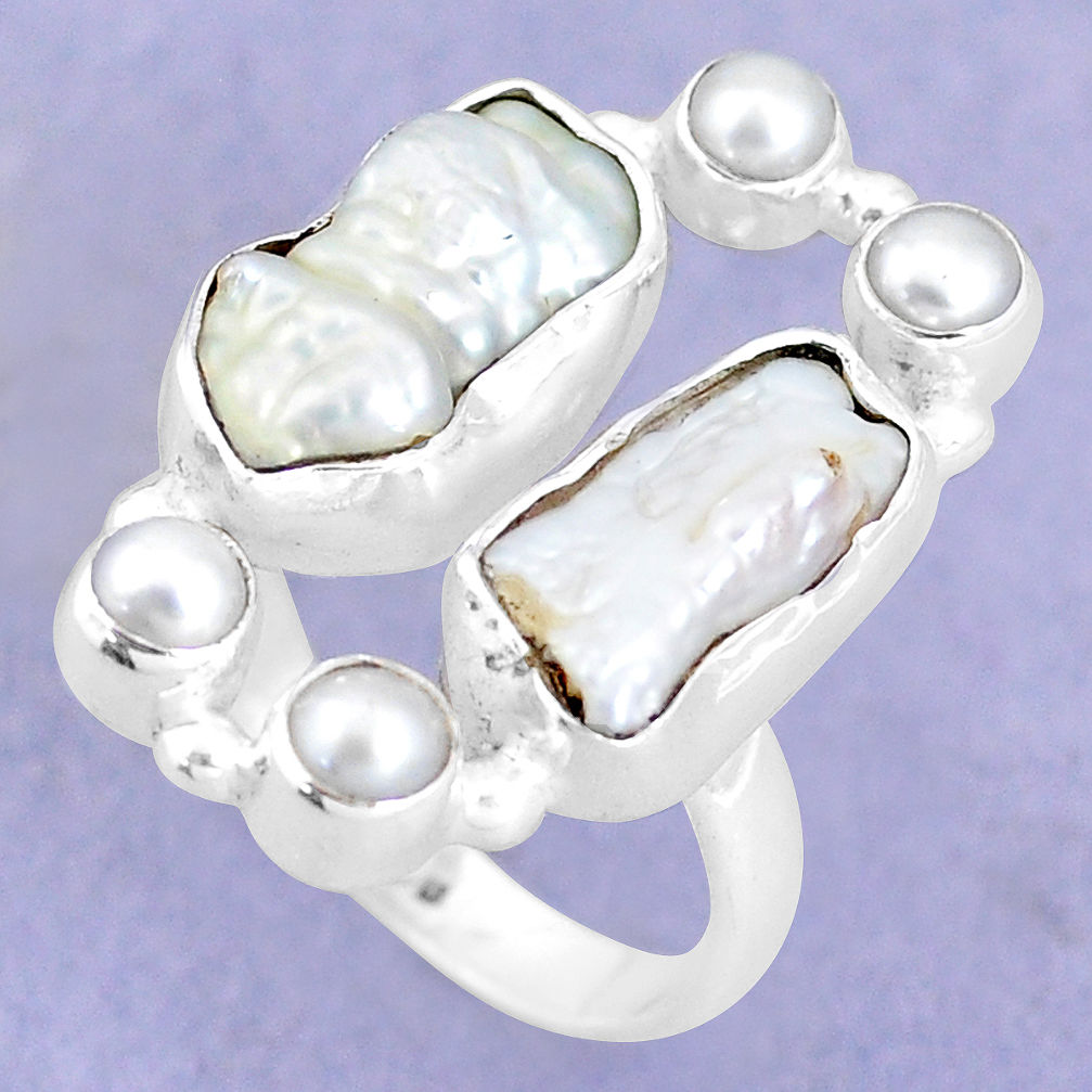 12.40cts natural white biwa pearl pearl 925 sterling silver ring size 7 p15969