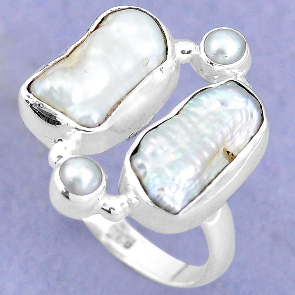 11.65cts natural white biwa pearl pearl 925 sterling silver ring size 8.5 p15973