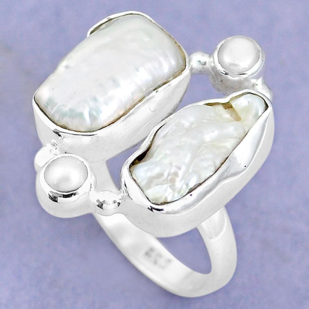 925 sterling silver 12.40cts natural white biwa pearl pearl ring size 6.5 p15977
