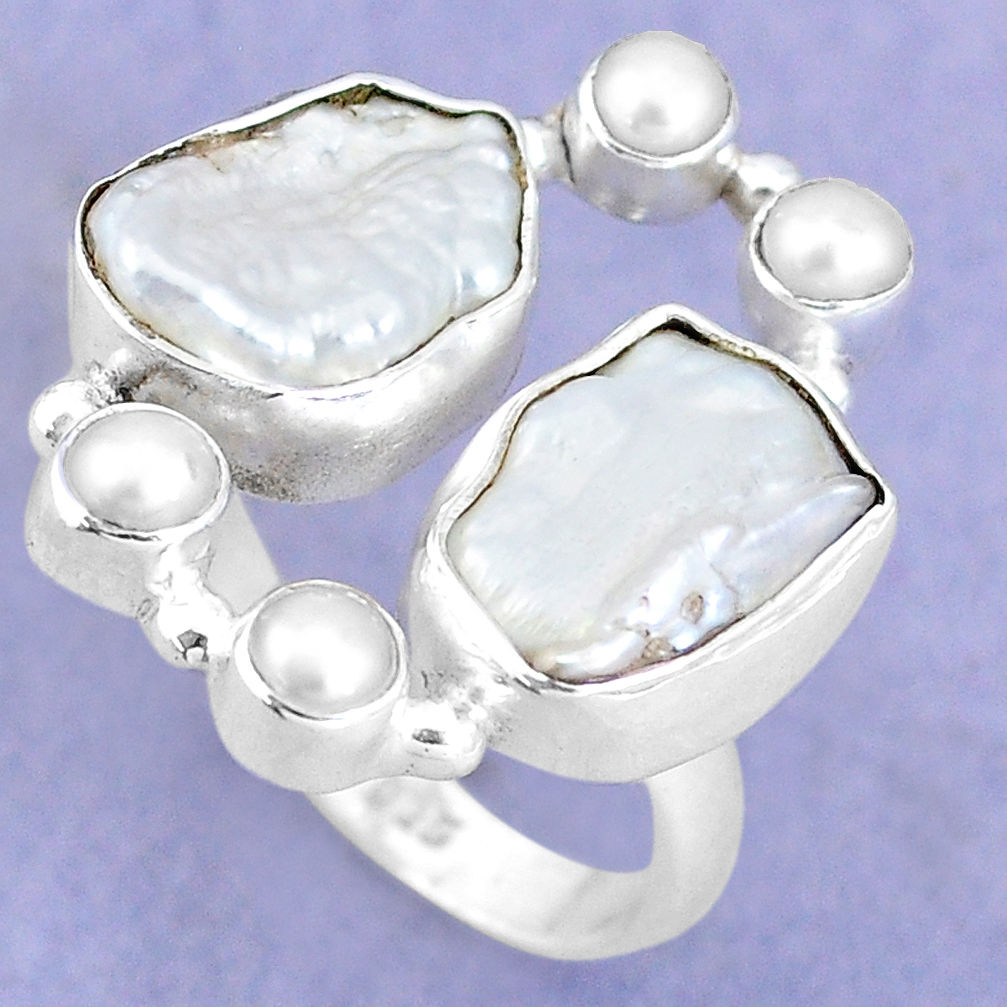 12.64cts natural white biwa pearl pearl 925 sterling silver ring size 7.5 p15978