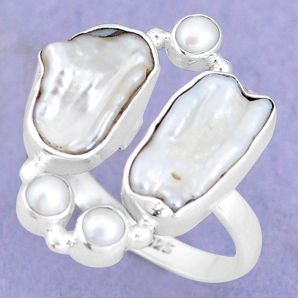 13.07cts natural white biwa pearl pearl 925 sterling silver ring size 8 p15979