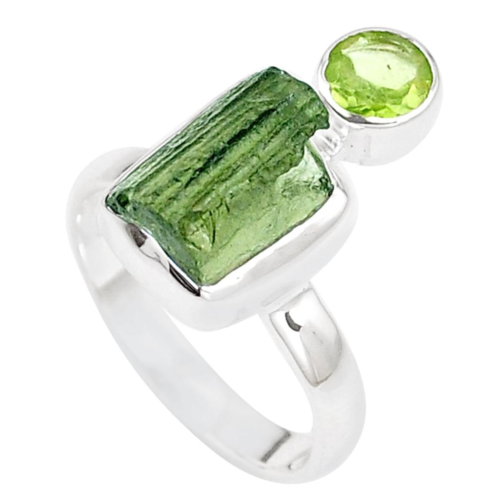 7.04cts natural green moldavite peridot 925 silver ring jewelry size 8 p16842