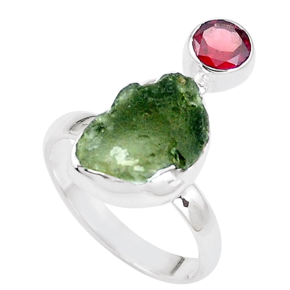 7.04cts natural green moldavite red garnet 925 silver ring jewelry size 9 p16856