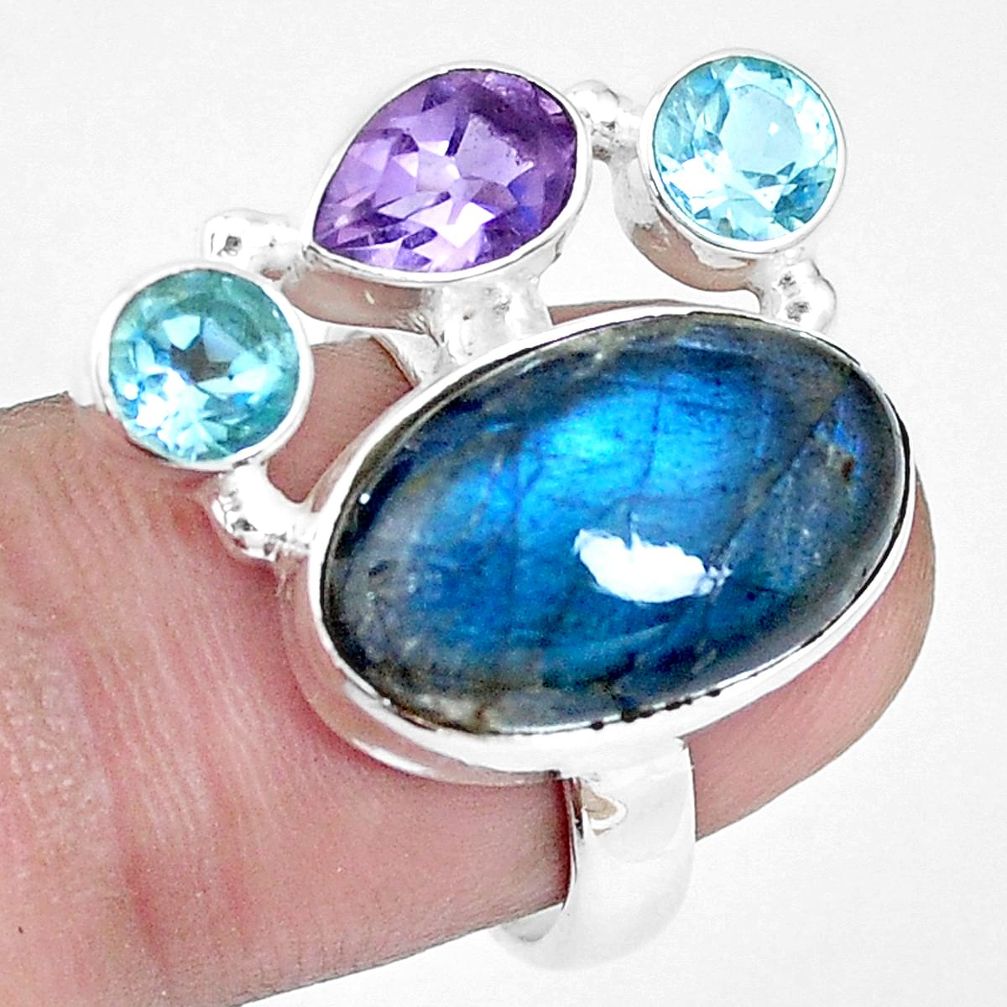 13.28cts natural blue labradorite amethyst topaz 925 silver ring size 6.5 p16938