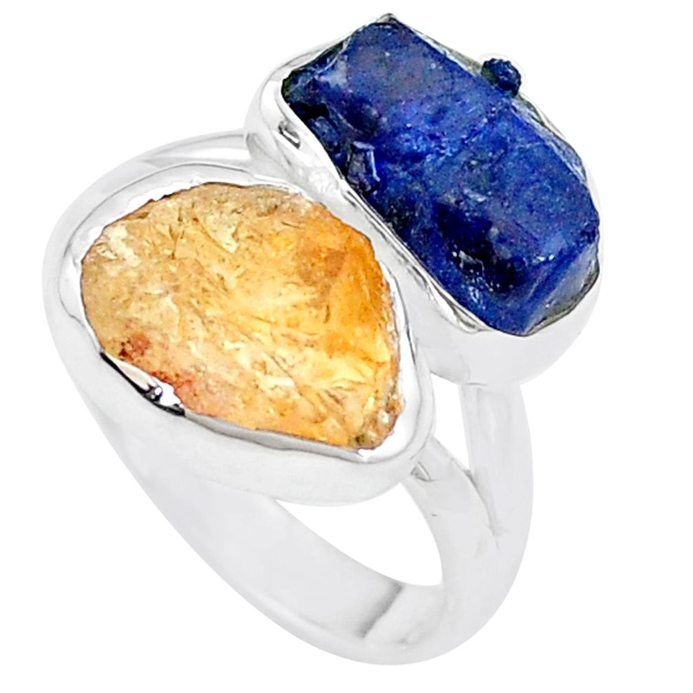 11.23cts natural blue sapphire rough citrine rough 925 silver ring size 7 p17044