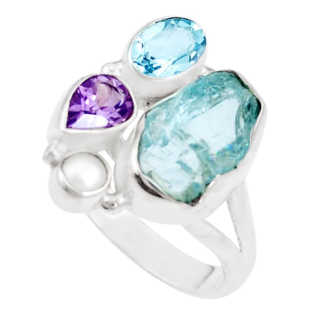 Natural aqua aquamarine rough amethyst topaz 925 silver ring size 9.5 p17047