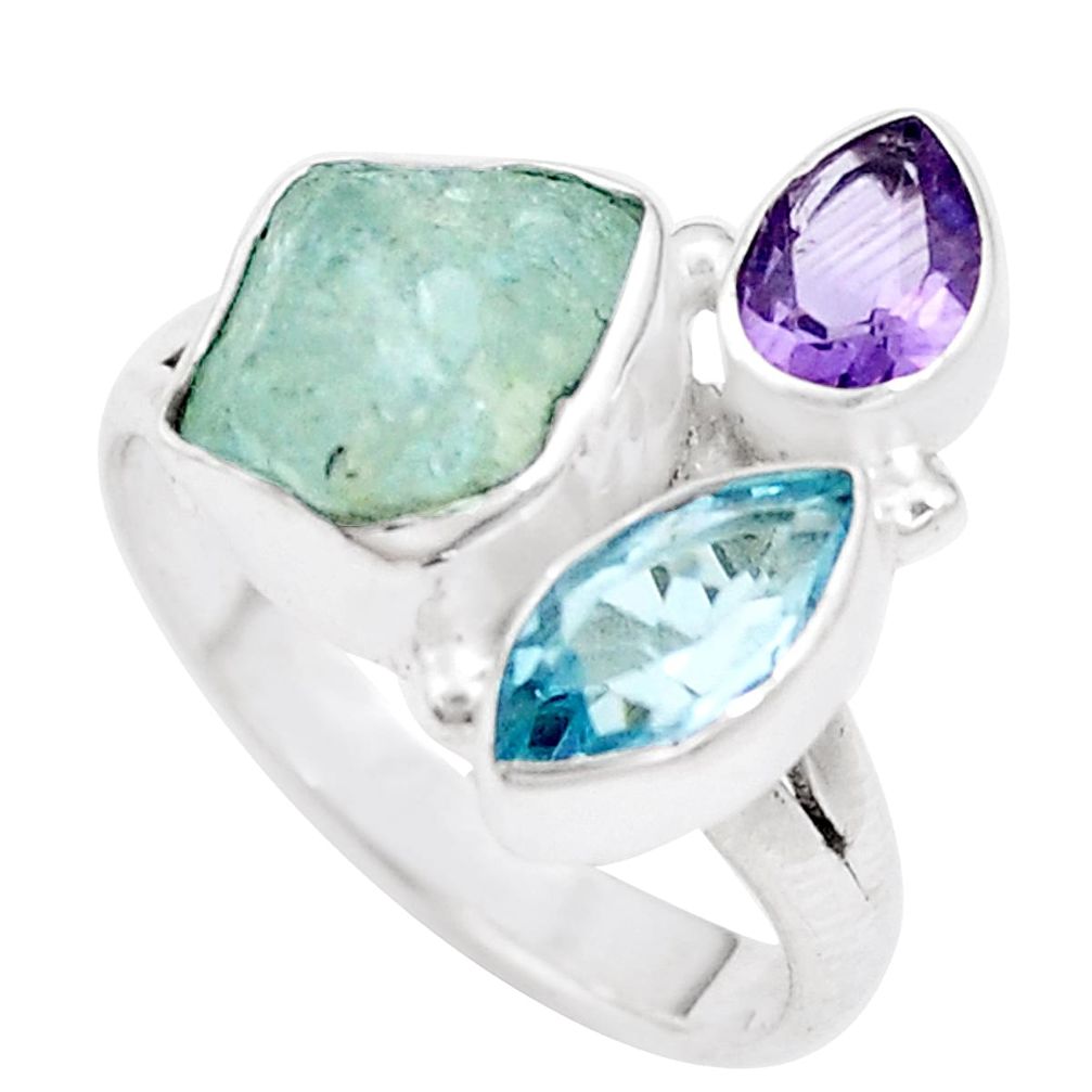 9.86cts natural aqua aquamarine rough amethyst topaz silver ring size 8.5 p17053