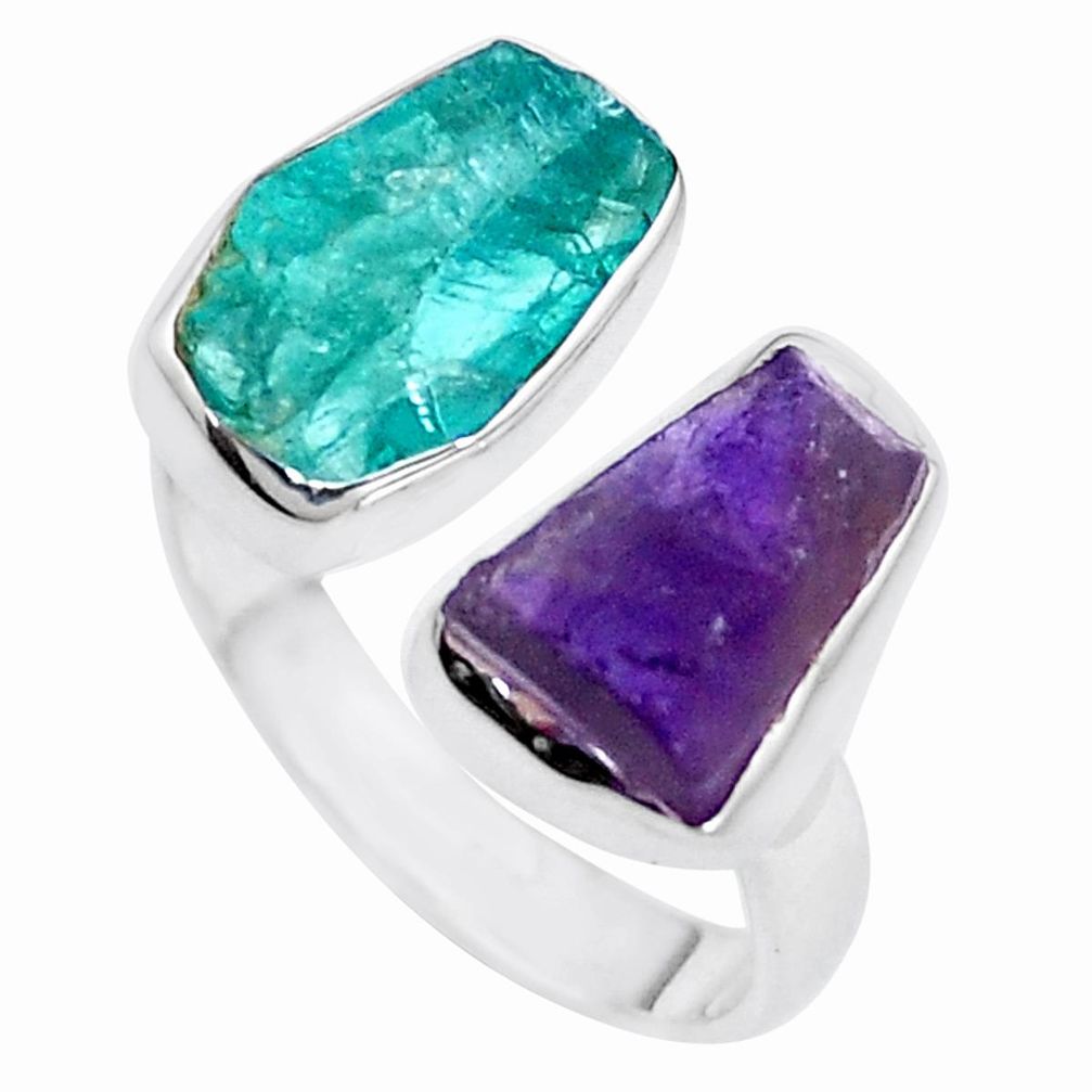 10.02cts natural purple amethyst rough apatite rough silver ring size 8 p17060