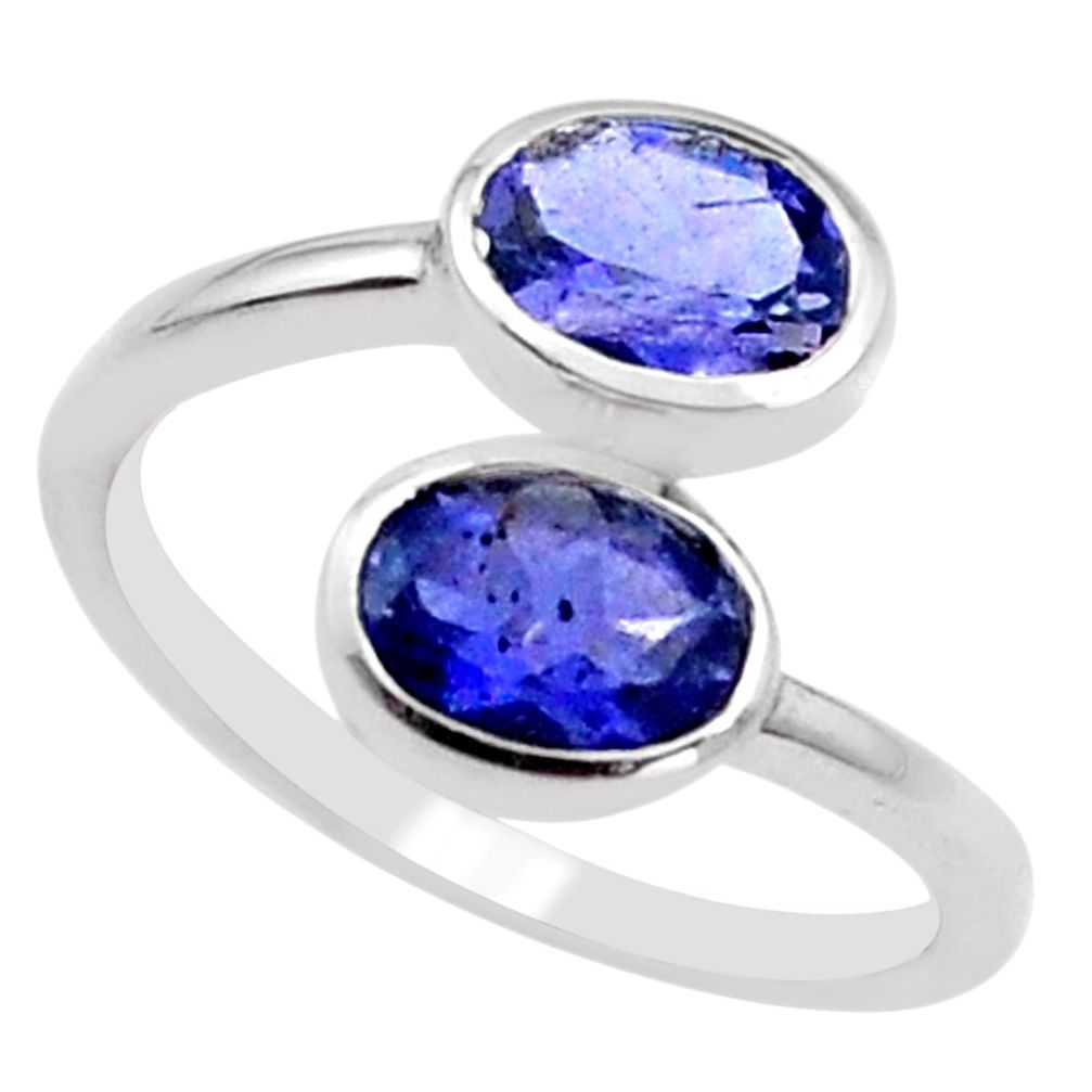 2.96cts natural blue iolite 925 sterling silver solitaire ring size 5.5 p18189