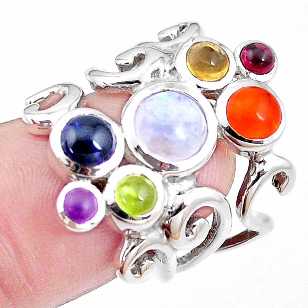 Natural rainbow moonstone cornelian peridot 925 silver ring size 7 p18708