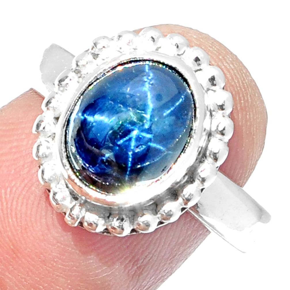 4.21cts NATURAL BLUE STAR SAPPHIRE 925 SILVER SOLITAIRE RING SIZE 7.5 P18839