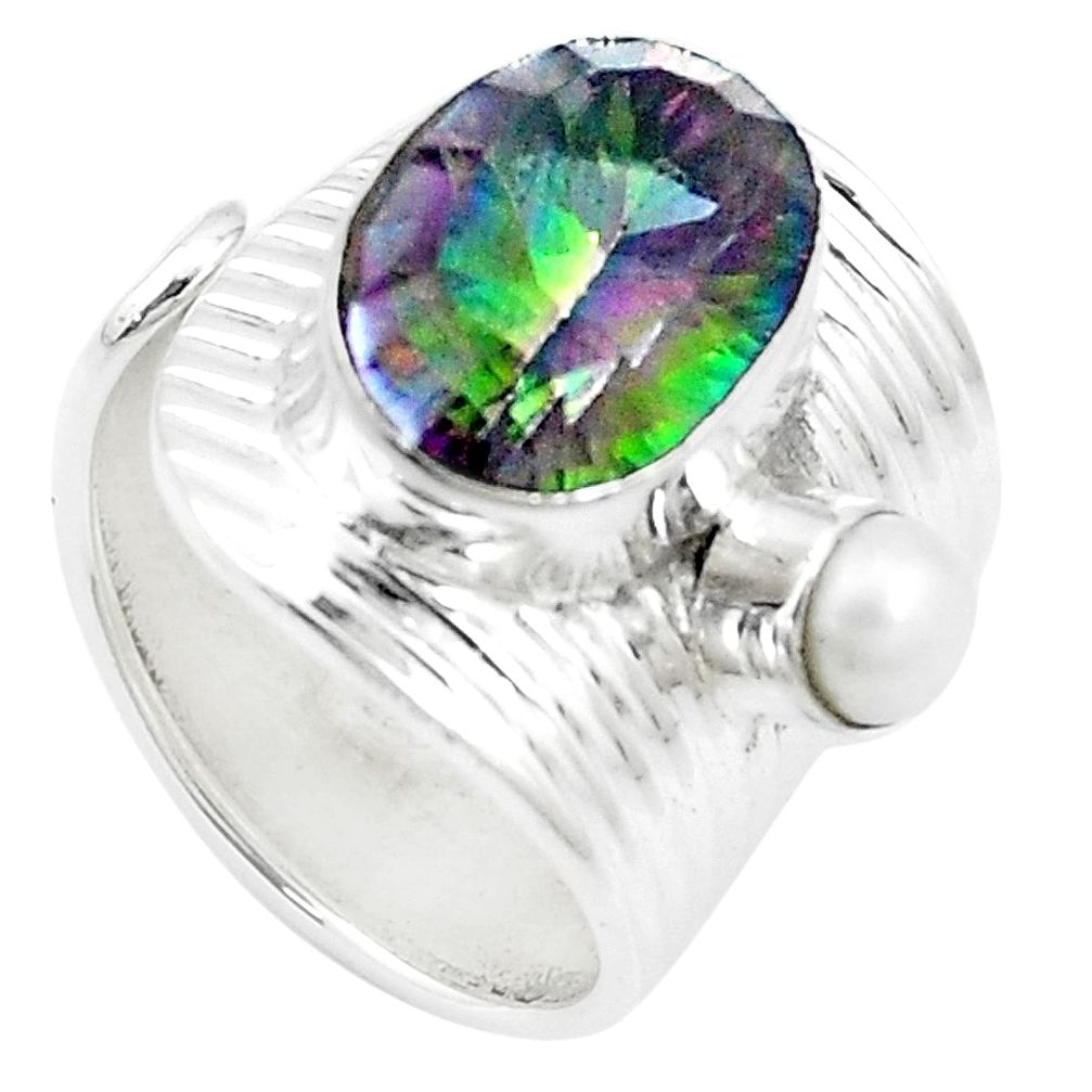 7.51cts rainbow topaz pearl 925 silver adjustable solitaire ring size 7 p19162