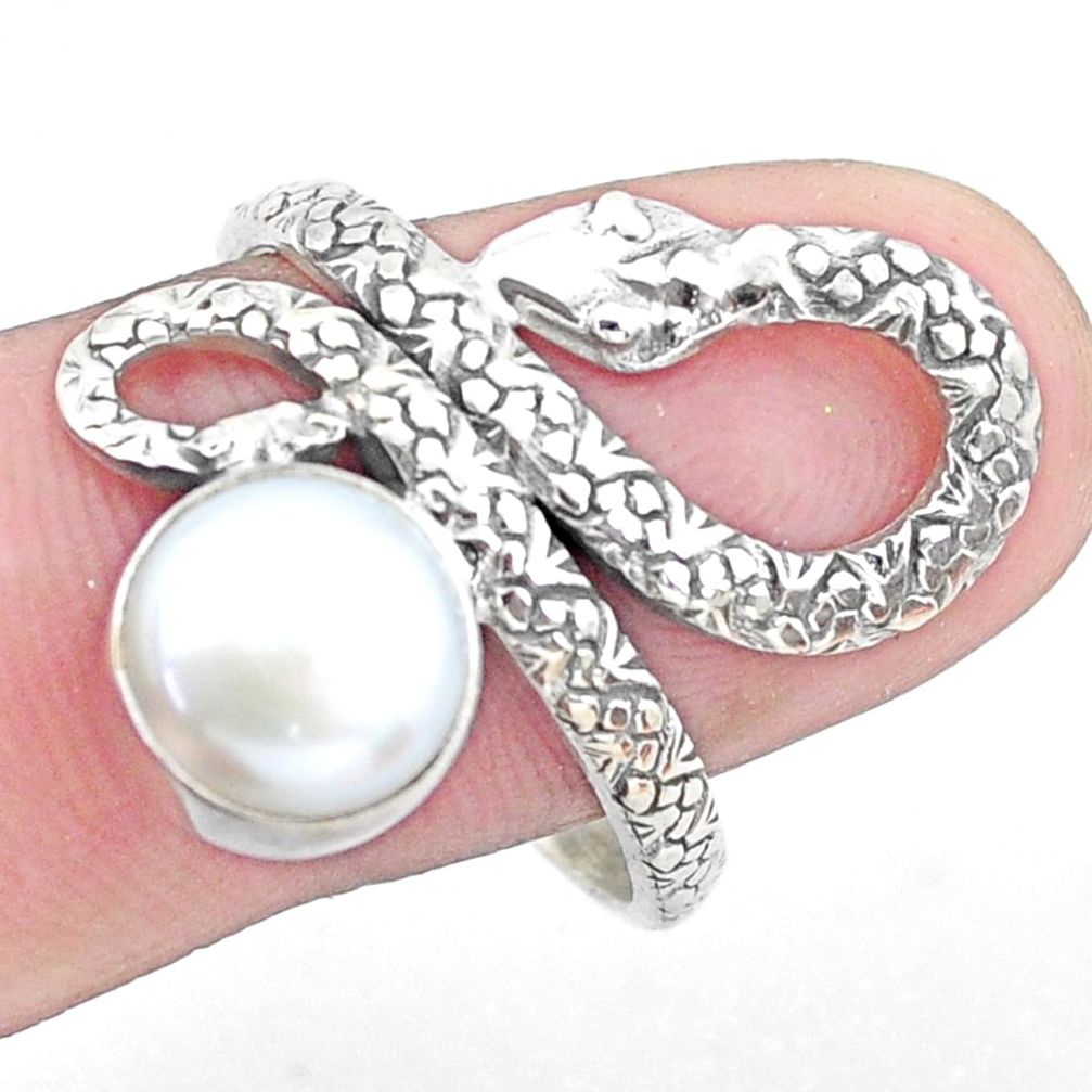 4.74cts natural white pearl 925 silver snake solitaire ring size 10 p19239