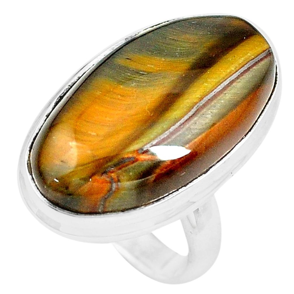 21.48cts natural brown tiger's hawks eye silver solitaire ring size 6.5 p19765