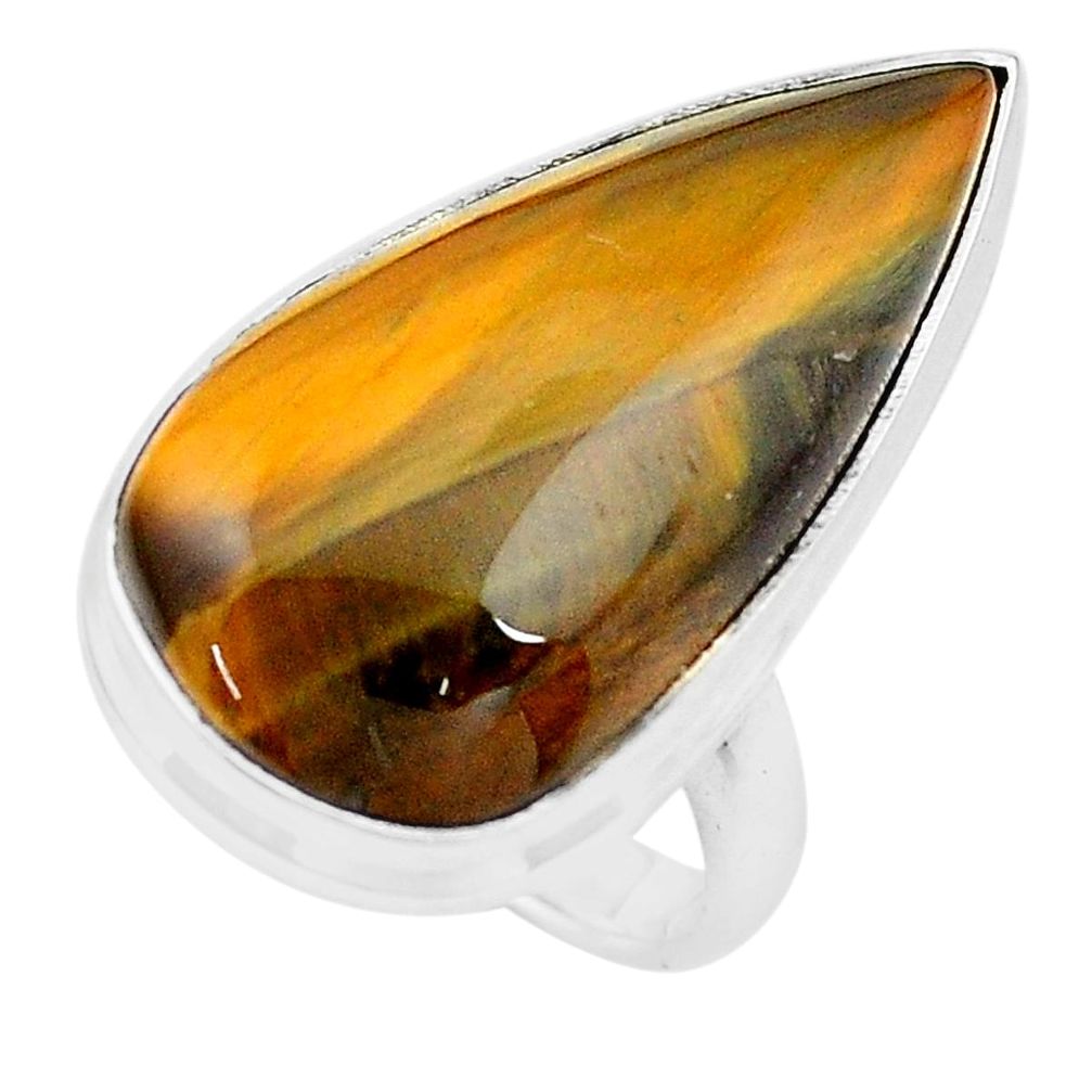 18.47cts natural brown tiger's hawks eye 925 silver solitaire ring size 6 p19780