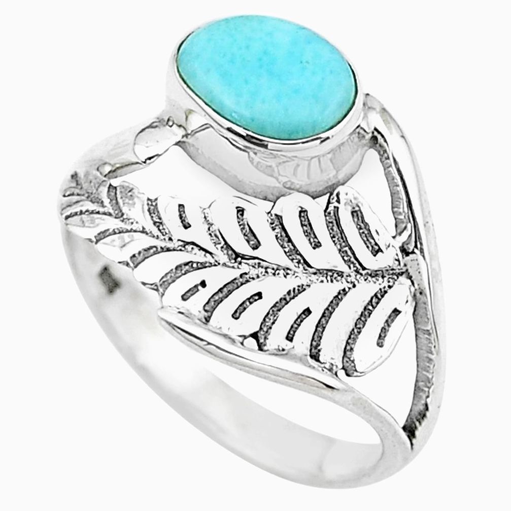 1.81cts natural blue larimar 925 silver solitaire feather ring size 6 p20086