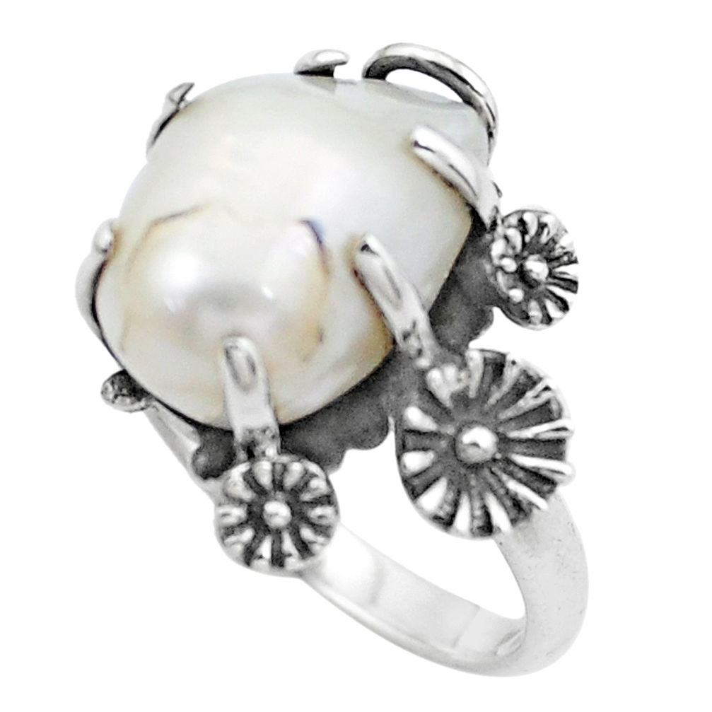 6.58cts natural white pearl 925 silver flower solitaire ring size 7.5 p20091