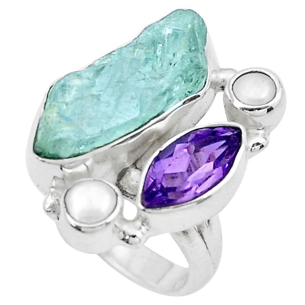 925 silver 12.40cts natural aqua aquamarine rough amethyst ring size 6.5 p20429