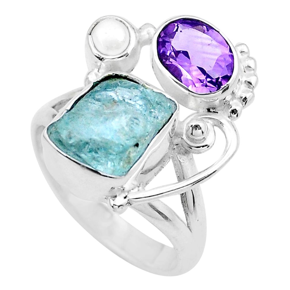 7.89cts natural aqua aquamarine rough amethyst pearl silver ring size 7 p20432