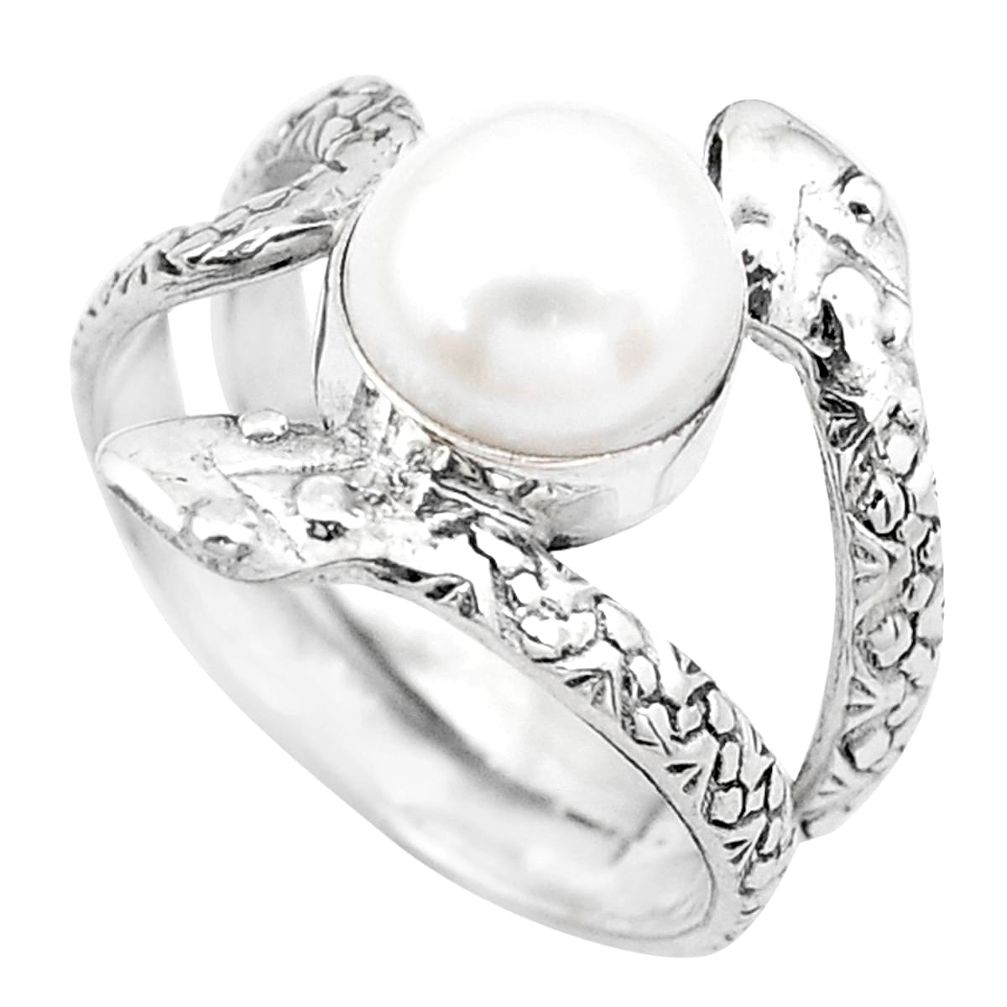 3.83cts natural white pearl 925 silver snake solitaire ring size 8 p20433