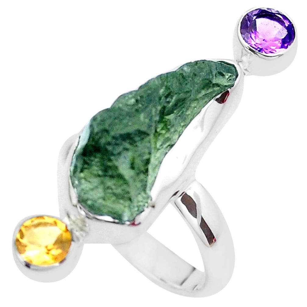 10.24cts natural green moldavite amethyst citrine 925 silver ring size 7 p20586