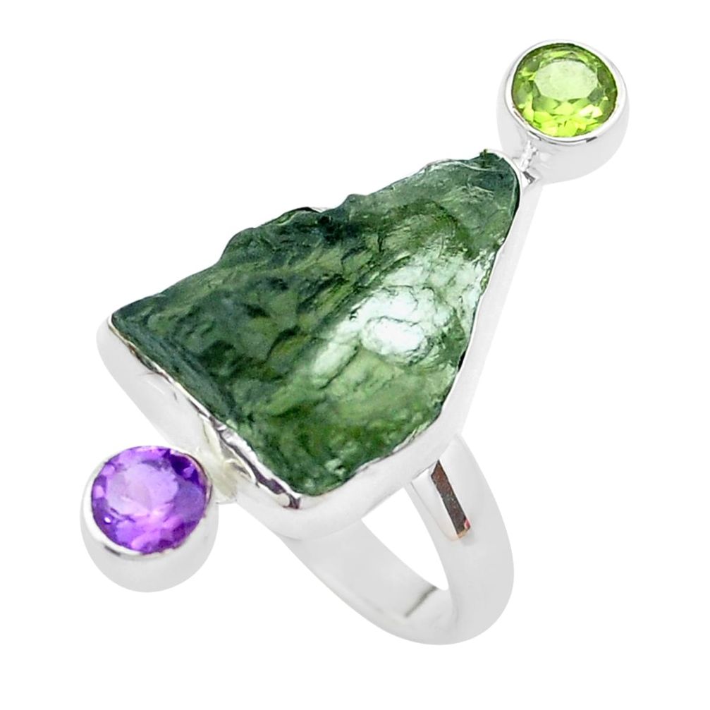 925 silver12.34cts natural green moldavite amethyst peridot ring size 8 p20592