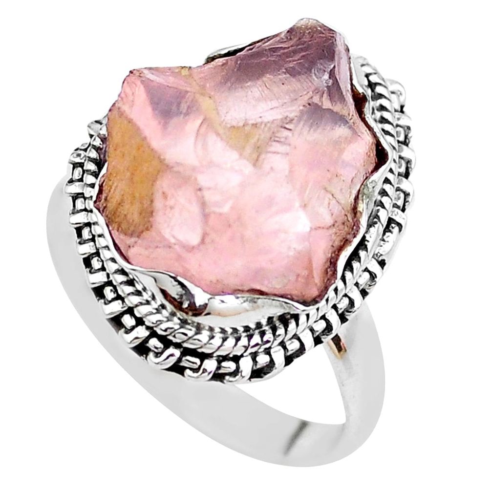 10.85cts natural pink rose quartz rough silver solitaire ring size 8.5 p21378