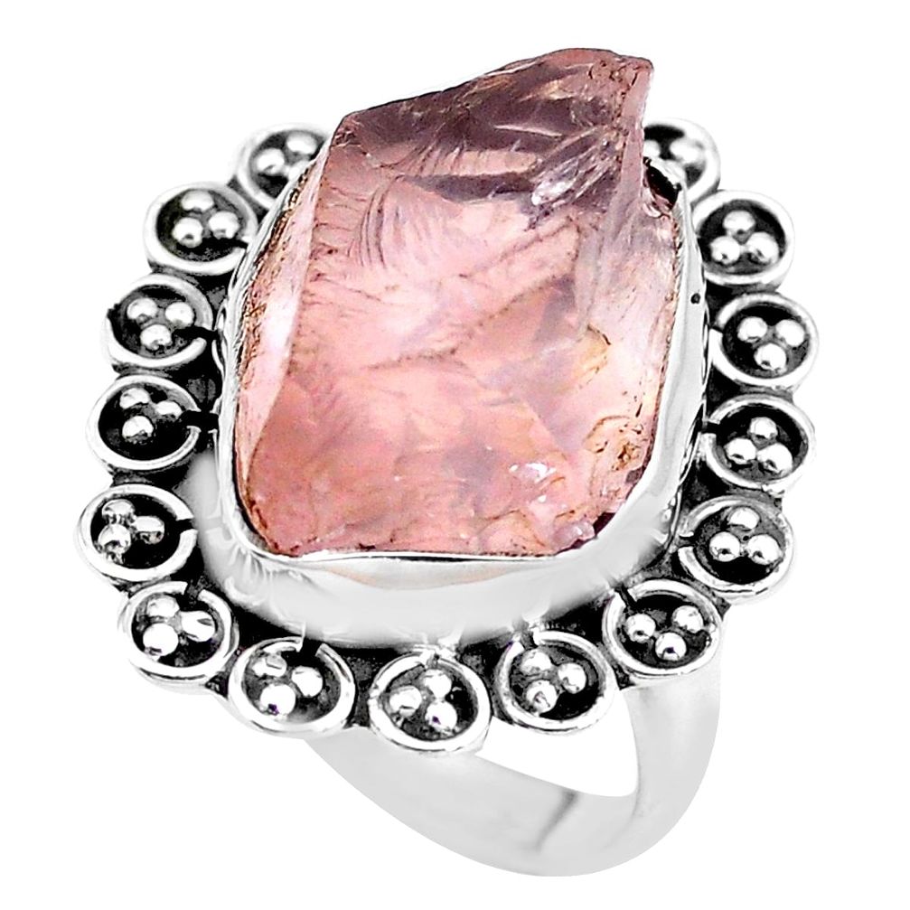 12.64cts natural pink rose quartz rough silver solitaire ring size 7.5 p21379