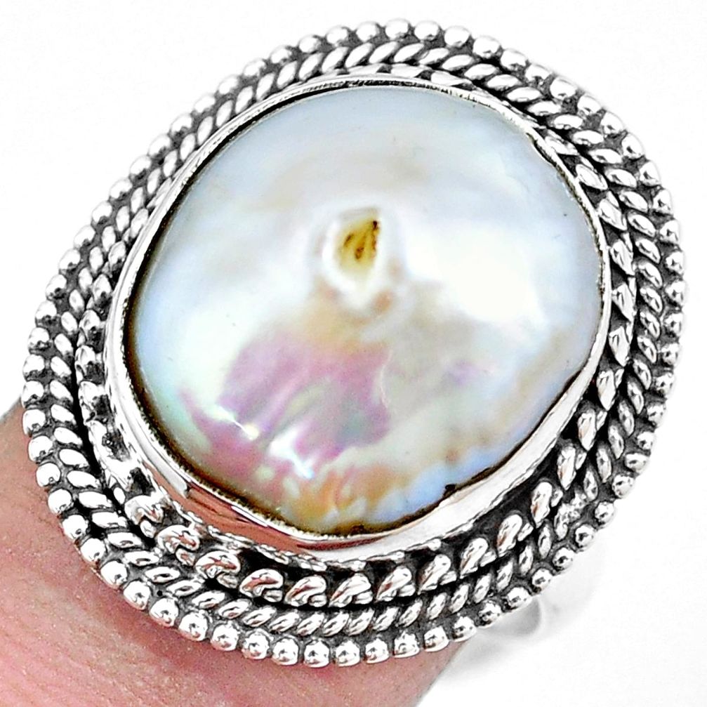 925 silver 13.07cts natural white pearl solitaire ring jewelry size 8.5 p21404