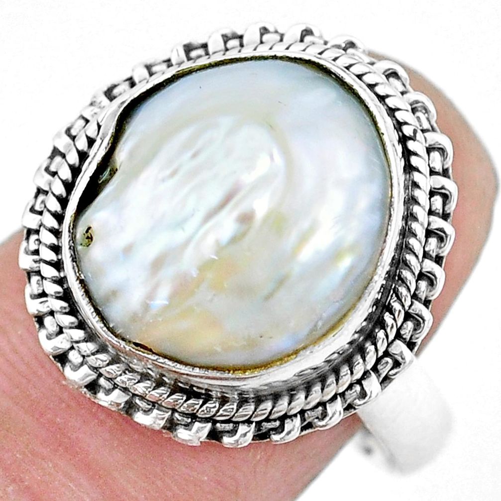 9.42cts natural white pearl 925 sterling silver solitaire ring size 8 p21407