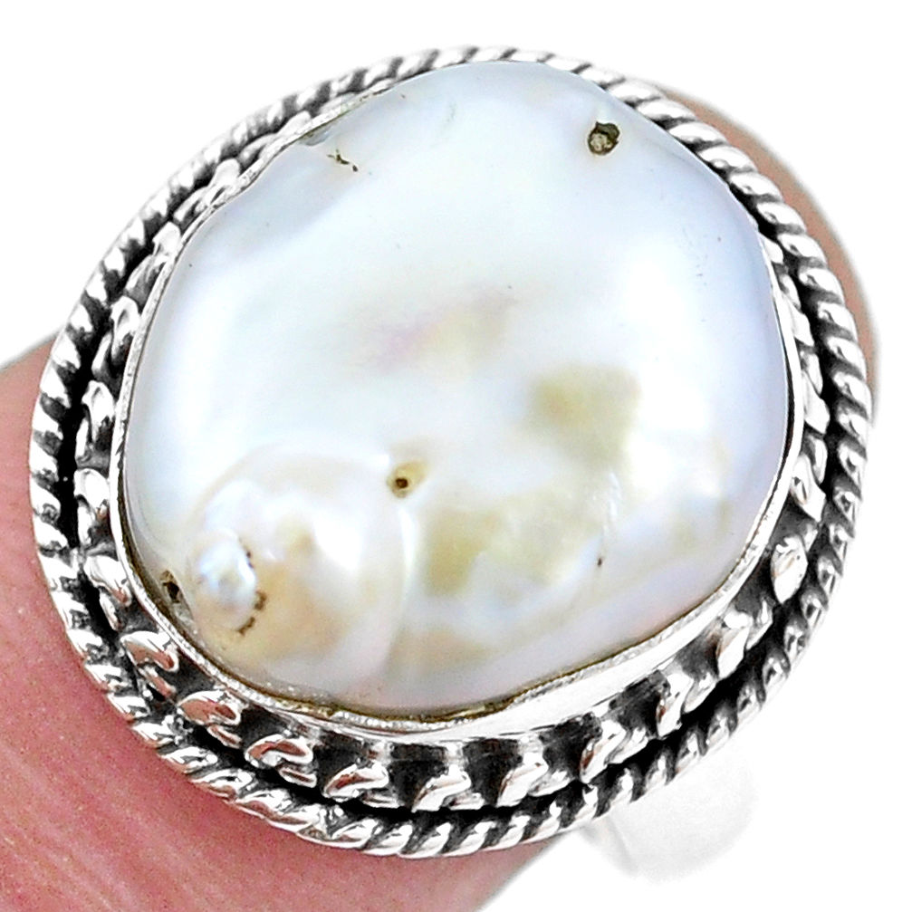 11.37cts natural white pearl 925 silver solitaire ring jewelry size 8.5 p21422
