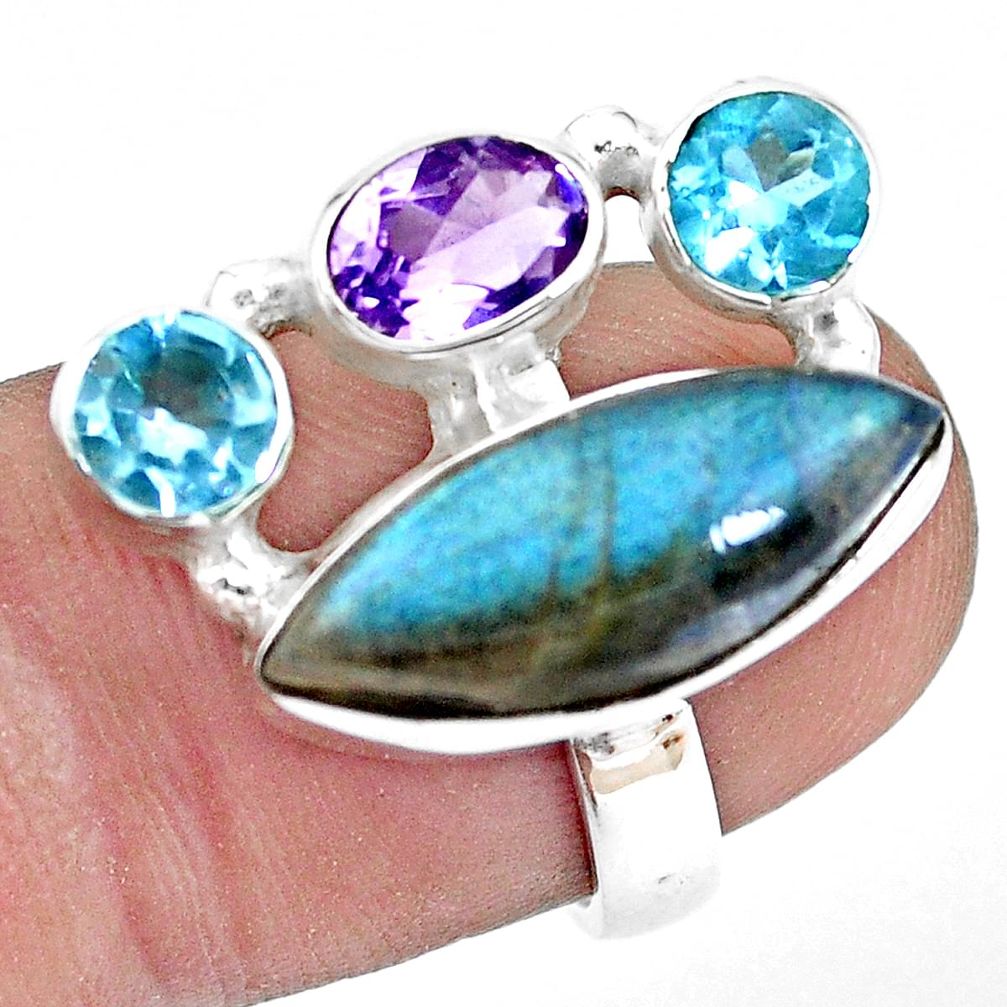 12.04cts natural blue labradorite amethyst topaz 925 silver ring size 6.5 p22273
