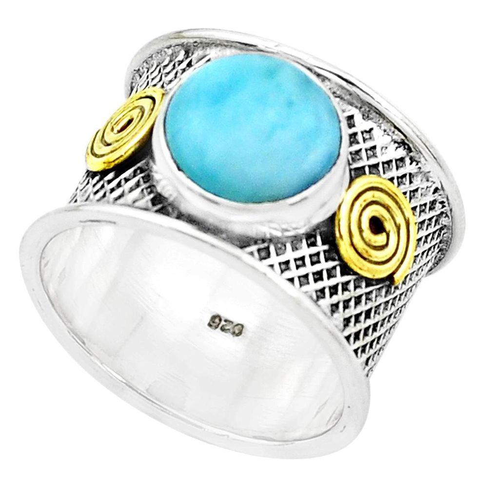 4.91cts natural blue larimar 925 silver two tone solitaire ring size 8.5 p22605