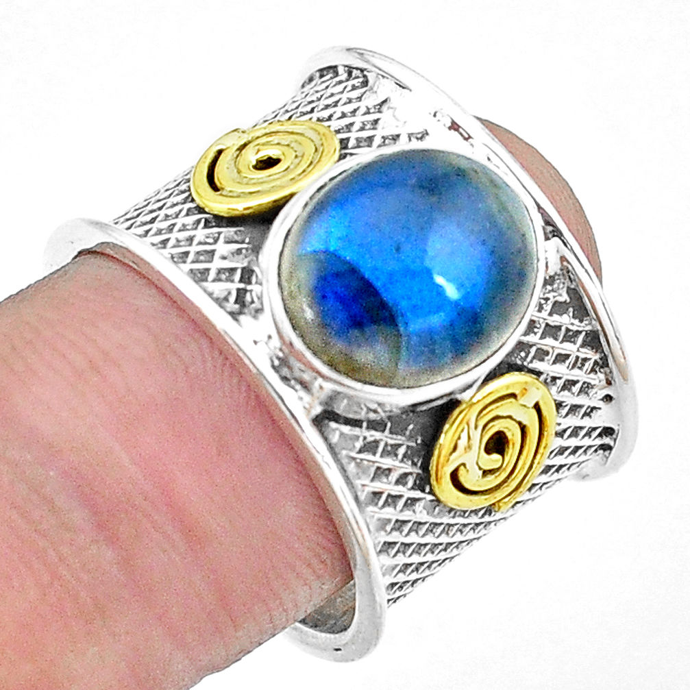 Natural blue labradorite 925 silver two tone solitaire ring size 7.5 p22620